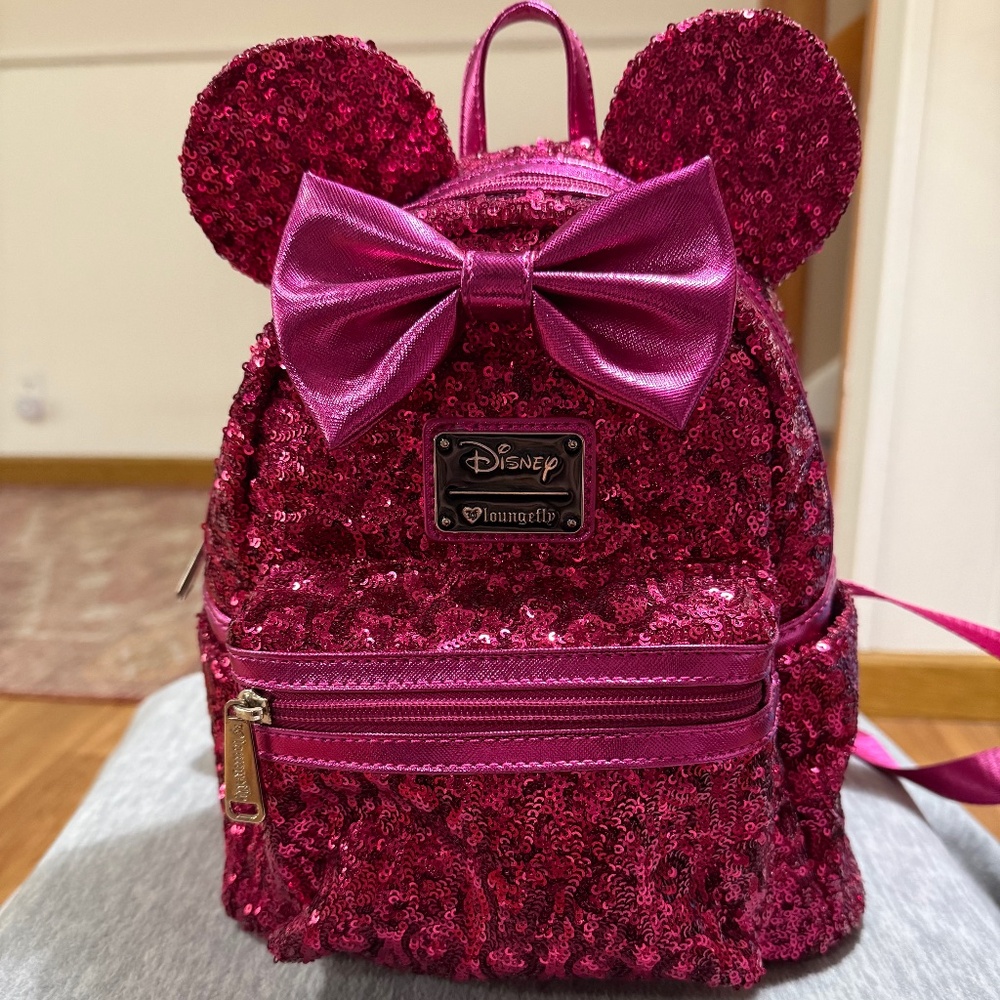 NWOT Loungfly Disney Magenta Sequin Backpack & Matching Wallet